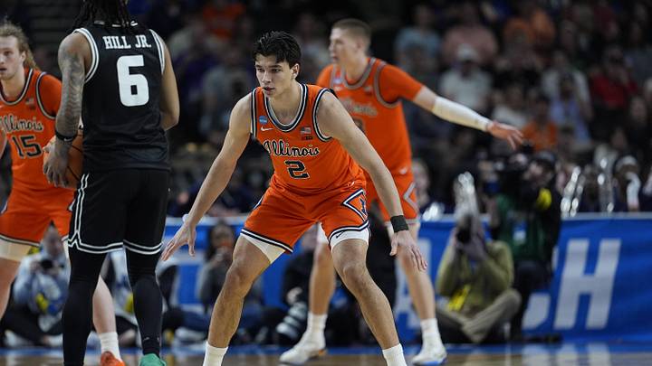 Mar 21, 2026; Greenville, SC, USA; Illinois Fighting Illini guard Andrej Stojakovic (2) defends against VCU Rams guard Terrence Hill Jr. (6) during a second round game of the men's 2026 NCAA Tournament at Bon Secours Wellness Arena. Mandatory Credit: Jim Dedmon-Imagn Images Mar 21, 2026; Greenville, SC, USA; Illinois Fighting Illini guard Andrej Stojakovic (2) defends against VCU Rams guard Terrence Hill Jr. (6) during a second round game of the men's 2026 NCAA Tournament at Bon Secours Wellness Arena. Mandatory Credit: Jim Dedmon-Imagn Images