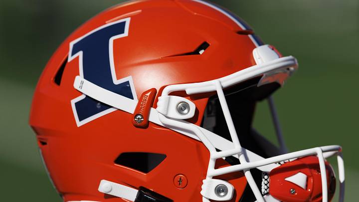 Oct 1, 2022; Madison, Wisconsin, USA; Illinois Fighting Illini helmet during warmups prior to the game against the Wisconsin Badgers at Camp Randall Stadium. Mandatory Credit: Jeff Hanisch-Imagn Images Oct 1, 2022; Madison, Wisconsin, USA; Illinois Fighting Illini helmet during warmups prior to the game against the Wisconsin Badgers at Camp Randall Stadium. Mandatory Credit: Jeff Hanisch-Imagn Images