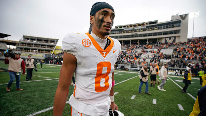Tennessee quarterback Nico Iamaleava (8) exits the field after the game at FirstBank Stadium in Nashville, Tenn., Saturday, Nov. 30, 2024.