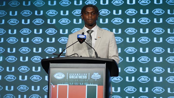 Jul 24, 2024; Charlotte, NC, USA;  Miami Hurricanes quarterback Cam Ward speaks to the media during the ACC Kickoff at Hilton Charlotte Uptown. Mandatory Credit: Jim Dedmon-USA TODAY Sports
