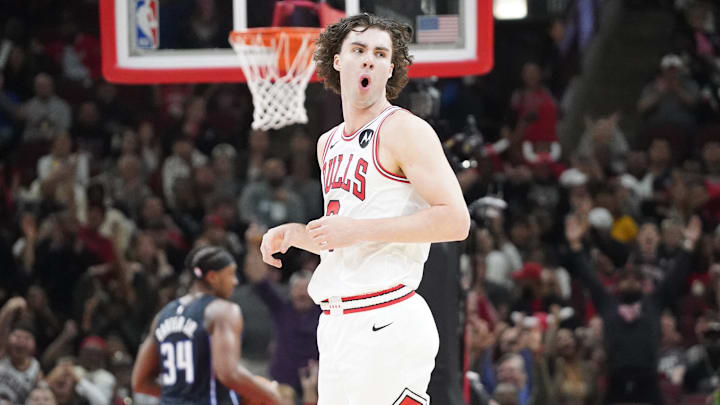 Oct 30, 2024; Chicago, Illinois, USA; Chicago Bulls guard Josh Giddey (3) reacts after making a three point basket against the Orlando Magic during the second half at United Center. Mandatory Credit: David Banks-Imagn Images