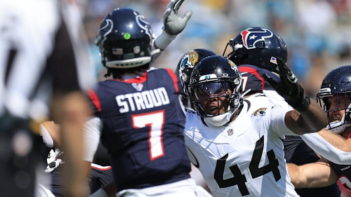 Jacksonville Jaguars linebacker Travon Walker (44) pressures Houston Texans quarterback C.J. Stroud