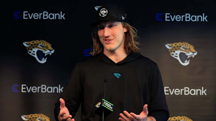Jacksonville Jaguars quarterback Trevor Lawrence (16) speaks during a press conference at Miller Electric Center Wednesday, April 9, 2025 in Jacksonville, Fla. [Corey Perrine/Florida Times-Union]