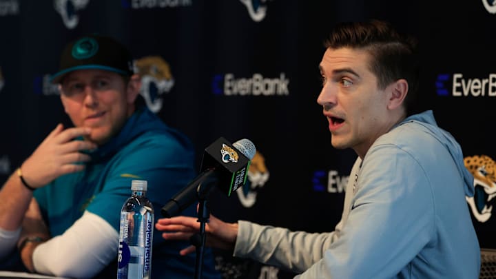Jacksonville Jaguars general manager James Gladstone, right, speaks next to head coach Liam Coen during a press conference at Miller Electric Center Tuesday, April 15, 2025 in Jacksonville, Fla. [Corey Perrine/Florida Times-Union]