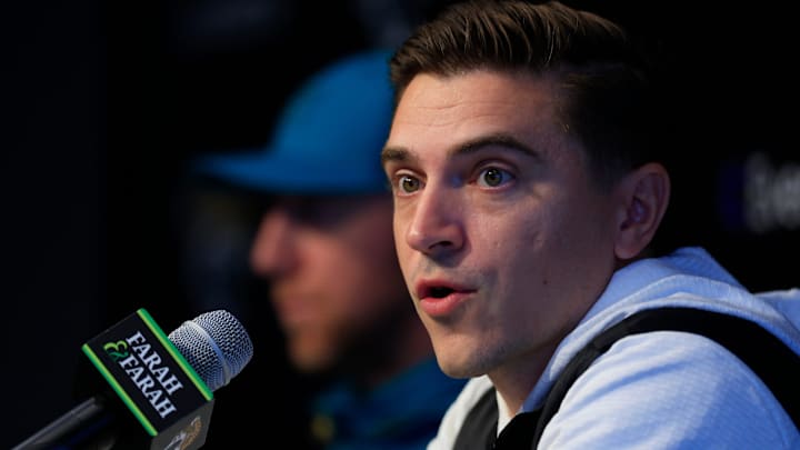 Jacksonville Jaguars general manager James Gladstone speaks during a press conference next to head coach Liam Coen at the Miller Electric Center, Wednesday, Jan. 14, 2026, in Jacksonville, Fla.