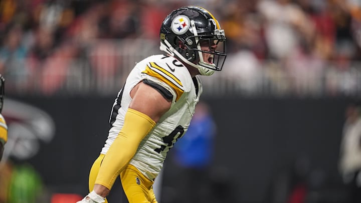 Sep 8, 2024; Atlanta, Georgia, USA; Pittsburgh Steelers linebacker T.J. Watt (90) reacts after stripping the ball from Atlanta Falcons quarterback Kirk Cousins (18) (not shown) at Mercedes-Benz Stadium. Mandatory Credit: Dale Zanine-Imagn Images