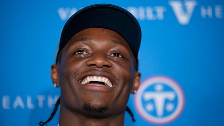 Tennessee Titans first round draft pick wide receiver Carnell Tate, 4th overall pick, stands for a portrait at Vanderbilt Health Football Center Friday, April 24, 2026.