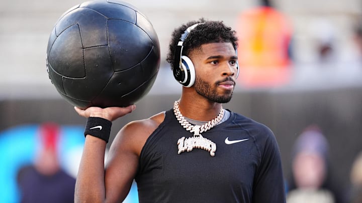 Nov 29, 2024; Boulder, Colorado, USA; Colorado Buffaloes quarterback Shedeur Sanders (2) before the game against the Oklahoma State Cowboys at Folsom Field. Mandatory Credit: Ron Chenoy-Imagn Images