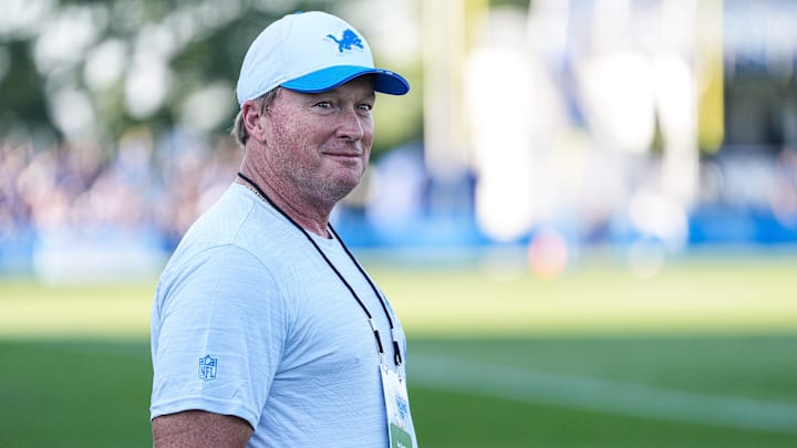 Jon Gruden watches practice during training camp at Meijer Performance Center in Allen Park on Monday, July 28, 2025. Jon Gruden watches practice during training camp at Meijer Performance Center in Allen Park on Monday, July 28, 2025.