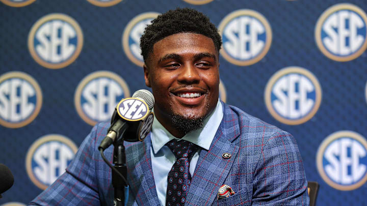 Jul 15, 2025; Atlanta, GA, USA; Georgia Bulldogs line backer CJ Allen answers questions from the media during SEC Media Days at Omni Atlanta Hotel. Mandatory Credit: Jordan Godfree-Imagn Images