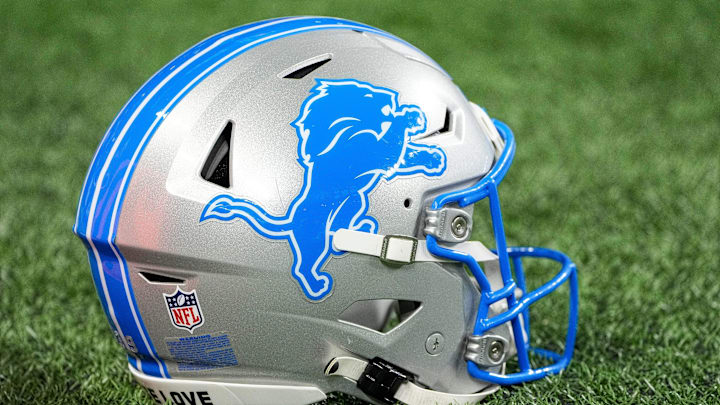 Helmet of Detroit Lions place kicker Jake Bates (not in the photo) before the NFC divisional round between Detroit Lions and Washington Commanders] at Ford Field in Detroit on Saturday, Jan. 18, 2025.