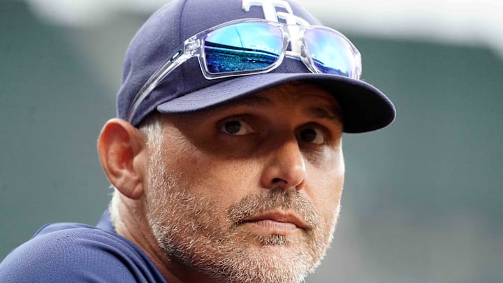 Sep 25, 2025; Baltimore, Maryland, USA; Tampa Bay Rays manager Kevin Cash (16) watches the game in the first inning against the Baltimore Orioles at Oriole Park at Camden Yards. Sep 25, 2025; Baltimore, Maryland, USA; Tampa Bay Rays manager Kevin Cash (16) watches the game in the first inning against the Baltimore Orioles at Oriole Park at Camden Yards.