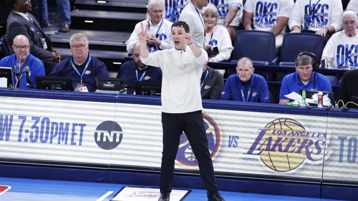 Apr 24, 2024; Oklahoma City, Oklahoma, USA; Oklahoma City Thunder head coach Mark Daigneault gestures to his team on a play against the New Orleans Pelicans during the second half of game two of the first round for the 2024 NBA playoffs at Paycom Center. Mandatory Credit: Alonzo Adams-USA TODAY Sports Apr 24, 2024; Oklahoma City, Oklahoma, USA; Oklahoma City Thunder head coach Mark Daigneault gestures to his team on a play against the New Orleans Pelicans during the second half of game two of the first round for the 2024 NBA playoffs at Paycom Center. Mandatory Credit: Alonzo Adams-USA TODAY Sports