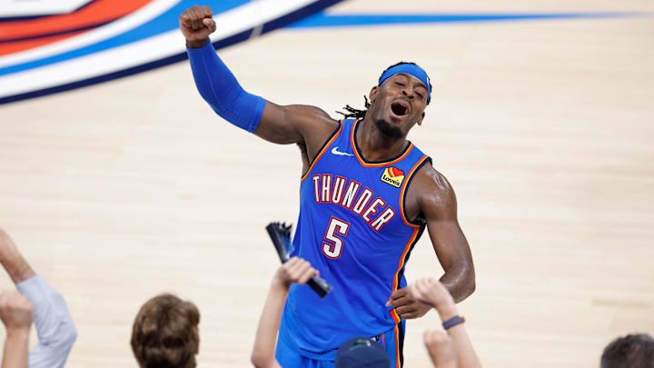 Jun 22, 2025; Oklahoma City, Oklahoma, USA; Oklahoma City Thunder guard Luguentz Dort (5) celebrates after a play against the Indiana Pacers during game seven of the 2025 NBA Finals at Paycom Center.