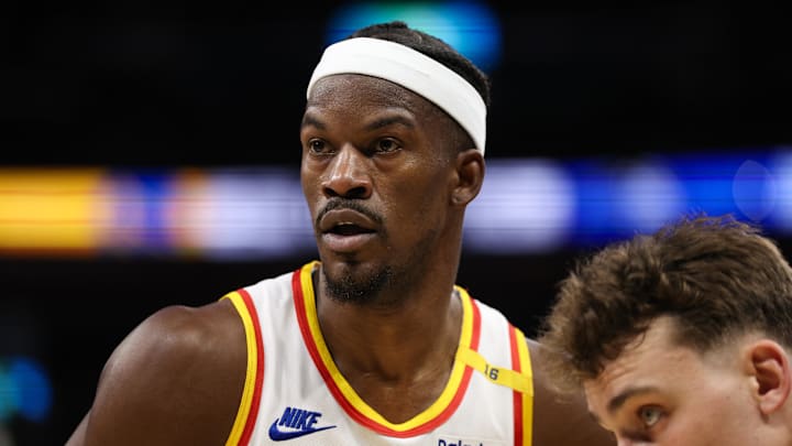 Feb 27, 2025; Orlando, Florida, USA; Golden State Warriors forward Jimmy Butler III (10) looks on against the Orlando Magic in the second quarter at Kia Center. Mandatory Credit: Nathan Ray Seebeck-Imagn Images