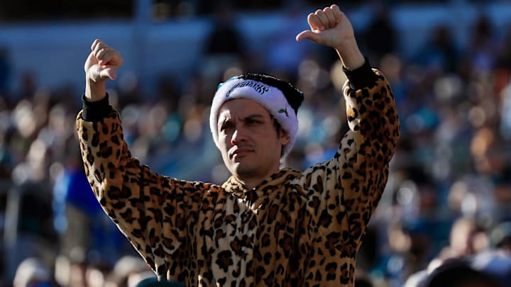 A Jacksonville Jaguars fan disapproves of a Houston Texans touchdown score during the third quarter of an NFL football matchup Sunday, Dec. 1, 2024 at EverBank Stadium in Jacksonville, Fla. The Texans held off the Jaguars 23-20. [Corey Perrine/Florida Times-Union]