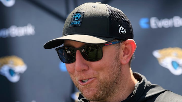 Jacksonville Jaguars head coach Liam Coen speaks to members of the media during the second mandatory minicamp at Miller Electric Center Wednesday, June 11, 2025 in Jacksonville, Fla.