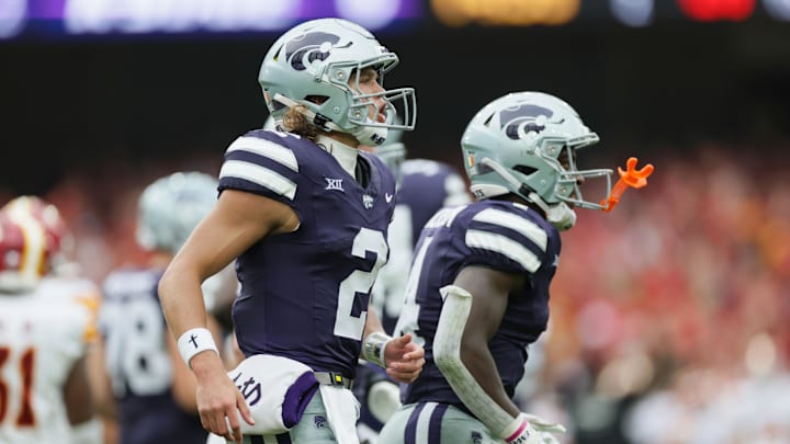 Aug 23, 2025; Dublin, IRELAND; Kansas State quarterback Avery Johnson scores a touchdown during the Aer Lingus Classic between Iowa State and Kansas State at Aviva Stadium. Mandatory Credit: Laszlo Geczo/INPHO via Imagn Images