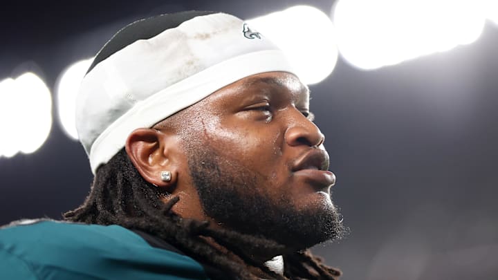 Sep 4, 2025; Philadelphia, Pennsylvania, USA; Philadelphia Eagles defensive tackle Jalen Carter (98) walks off the field after being ejected during the first quarter of the game against the Dallas Cowboys at Lincoln Financial Field. Mandatory Credit: Bill Streicher-Imagn Images