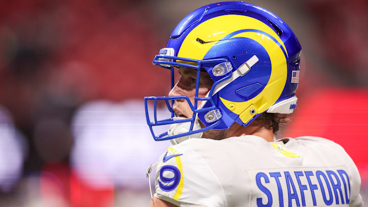 Dec 29, 2025; Atlanta, Georgia, USA; Los Angeles Rams quarterback Matthew Stafford (9) warms up before a game against the Atlanta Falcons at Mercedes-Benz Stadium. Mandatory Credit: Brett Davis-Imagn Images