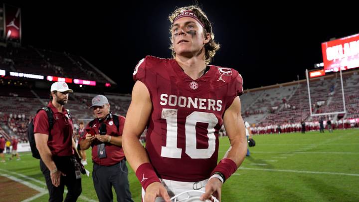 Oklahoma quarterback John Mateer (10) walks off the field after a Saturday's game against New Mexico at Gaylord Family-Oklahoma Memorial Stadium in Norman, Okla. Oklahoma won 14-6. Oklahoma quarterback John Mateer (10) walks off the field after a Saturday's game against New Mexico at Gaylord Family-Oklahoma Memorial Stadium in Norman, Okla. Oklahoma won 14-6.