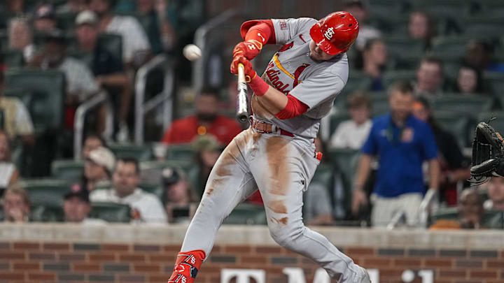 Sep 6, 2023; Cumberland, Georgia, USA; St. Louis Cardinals second baseman Nolan Gorman (16) hits a Sep 6, 2023; Cumberland, Georgia, USA; St. Louis Cardinals second baseman Nolan Gorman (16) hits a