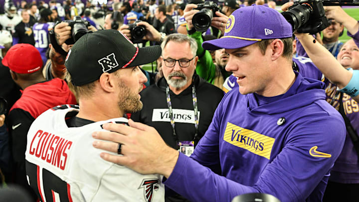 Dec 8, 2024; Minneapolis, Minnesota, USA; Atlanta Falcons quarterback Kirk Cousins (18) and Minnesota Vikings head coach Kevin O'Connell talk after the game at U.S. Bank Stadium. Dec 8, 2024; Minneapolis, Minnesota, USA; Atlanta Falcons quarterback Kirk Cousins (18) and Minnesota Vikings head coach Kevin O'Connell talk after the game at U.S. Bank Stadium.