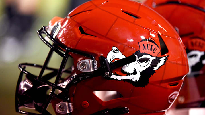 Sep 2, 2021; Raleigh, North Carolina, USA; A general view of the North Carolina State Wolfpack alternative helmet during the second half against the South Florida Bulls at Carter-Finley Stadium. Mandatory Credit: Rob Kinnan-Imagn Images