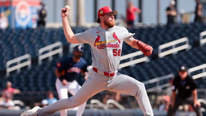 Feb 22, 2026; West Palm Beach, Florida, USA; St. Louis Cardinals relief pitcher Chris Roycroft (58) delivers a pitch against the Houston Astros during the third inning at CACTI Park of the Palm Beaches. Mandatory Credit: Sam Navarro-Imagn Images