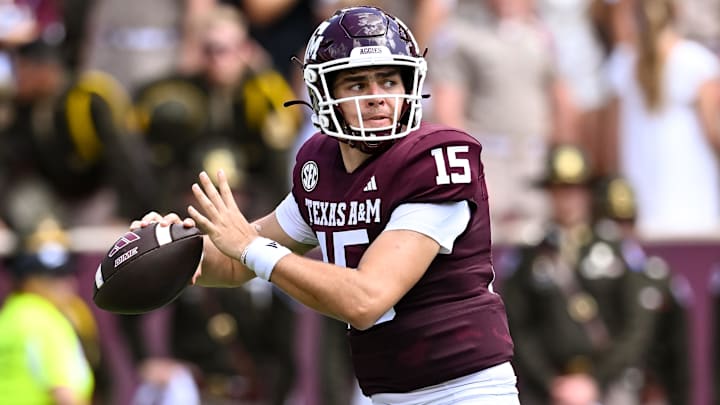 Sep 23, 2023; College Station, Texas, USA; Texas A&M Aggies quarterback Conner Weigman (15) in