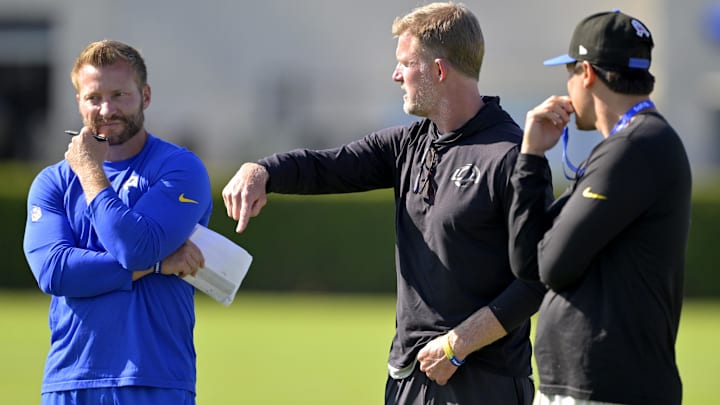 Jul 29, 2024; Los Angeles, CA, USA; Los Angeles Rams head coach Sean McVay, general manager Les Snead and chief of staff Carter Crutchfield. Mandatory Credit: Jayne Kamin-Oncea-Imagn Images