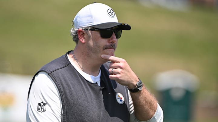 Jul 25, 2025; Pittsburgh, PA, USA; Pittsburgh Steelers offensive coordinator Arthur Smith participates in drills at training camp at Saint Vincent College. Mandatory Credit: Barry Reeger-Imagn Images