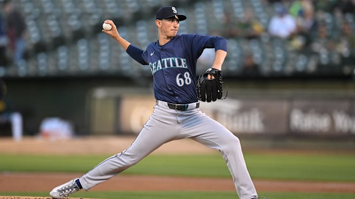 Seattle Mariners starting pitcher George Kirby throws against the Oakland Athletics during a game Wednesday at Oakland Coliseum. Seattle Mariners starting pitcher George Kirby throws against the Oakland Athletics during a game Wednesday at Oakland Coliseum.