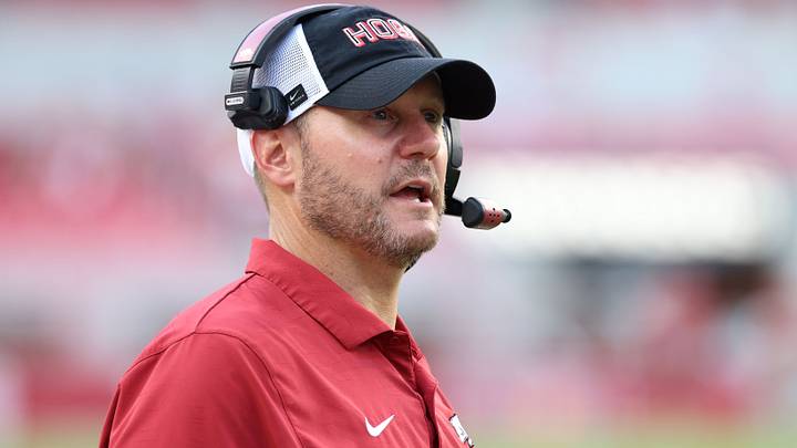 Sep 5, 2026; Fayetteville, Arkansas, USA; Arkansas Razorbacks head coach Ryan Silverfield looks on during the fourth quarter against the North Alabama Lions at Donald W. Reynolds Razorback Stadium. Arkansas won 31-14. Mandatory Credit: Nelson Chenault-Imagn Images Sep 5, 2026; Fayetteville, Arkansas, USA; Arkansas Razorbacks head coach Ryan Silverfield looks on during the fourth quarter against the North Alabama Lions at Donald W. Reynolds Razorback Stadium. Arkansas won 31-14. Mandatory Credit: Nelson Chenault-Imagn Images