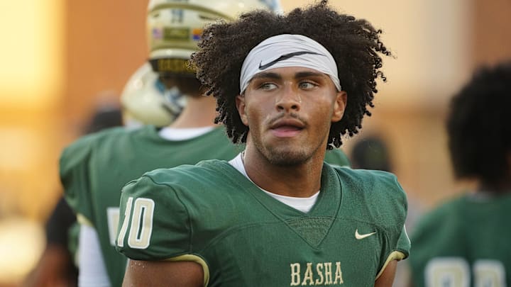 Basha defensive end Darian (Bleu) Dantzler (10) looks over at Millard South during a game at Basha High School in Chandler on Aug. 30, 2024.