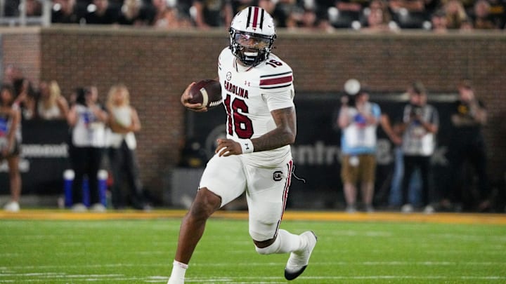 Sep 20, 2025; Columbia, Missouri, USA; South Carolina Gamecocks quarterback LaNorris Sellers (16) runs the ball against the Missouri Tigers during the second half of the game at Faurot Field at Memorial Stadium. Mandatory Credit: Denny Medley-Imagn Images