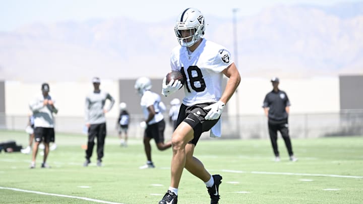 Jun 10, 2025; Henderson, NV, USA; Las Vegas Raiders wide receiver Jack Bech (18) runs a drill during Las Vegas Raiders Minicamp at Intermountain Health Performance Center. Mandatory Credit: Candice Ward-Imagn Images