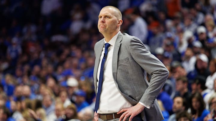 Mar 1, 2025; Lexington, Kentucky, USA; Kentucky Wildcats head coach Mark Pope looks on during the first half against the Auburn Tigers at Rupp Arena at Central Bank Center. Mandatory Credit: Jordan Prather-Imagn Images