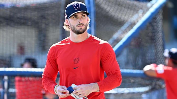 Mar 14, 2025; North Port, Florida, USA; Washington Nationals right fielder Dylan Crews (3) warms up before the start of the game against the Atlanta Braves during spring training at CoolToday Park. Mar 14, 2025; North Port, Florida, USA; Washington Nationals right fielder Dylan Crews (3) warms up before the start of the game against the Atlanta Braves during spring training at CoolToday Park.