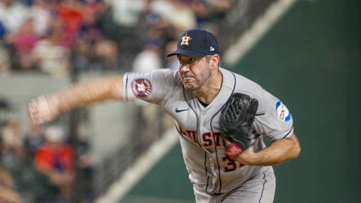 Sep 6, 2023; Arlington, Texas, USA; Houston Astros starting pitcher Justin Verlander (35) pitches