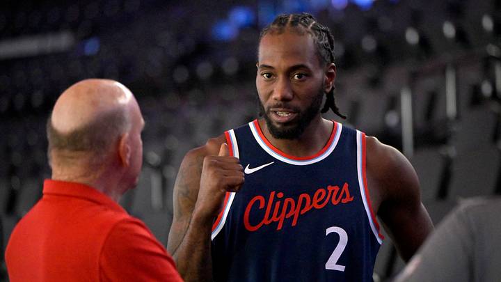 Sep 30, 2024; Inglewood, CA, USA; Los Angeles Clippers forward Kawhi Leonard (2) talks with team owner Steve Ballmer during media day at Intuit Dome. Mandatory Credit: Jayne Kamin-Oncea-Imagn Images Sep 30, 2024; Inglewood, CA, USA; Los Angeles Clippers forward Kawhi Leonard (2) talks with team owner Steve Ballmer during media day at Intuit Dome. Mandatory Credit: Jayne Kamin-Oncea-Imagn Images