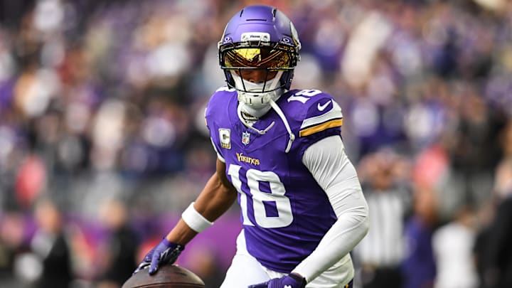 Nov 9, 2025; Minneapolis, Minnesota, USA; Minnesota Vikings wide receiver Justin Jefferson (18) warms up before the game against the Baltimore Ravens at U.S. Bank Stadium. Mandatory Credit: Jeffrey Becker-Imagn Images Nov 9, 2025; Minneapolis, Minnesota, USA; Minnesota Vikings wide receiver Justin Jefferson (18) warms up before the game against the Baltimore Ravens at U.S. Bank Stadium. Mandatory Credit: Jeffrey Becker-Imagn Images