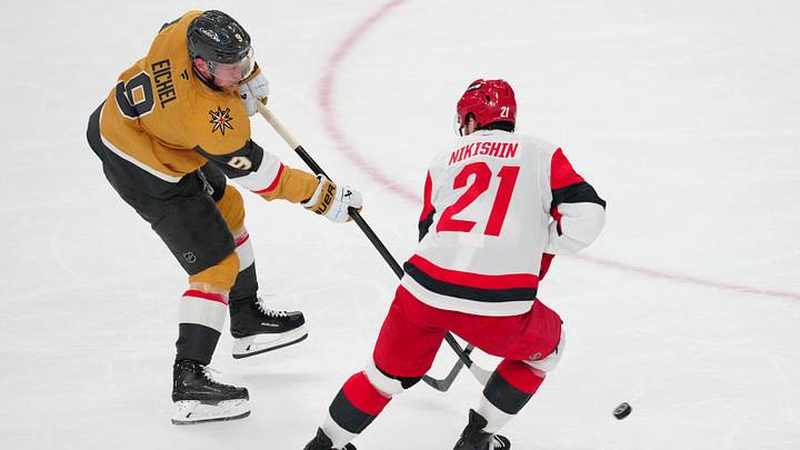Jun 9, 2026; Las Vegas, Nevada, USA; Vegas Golden Knights center Jack Eichel (9) passes against Carolina Hurricanes defenseman Alexander Nikishin (21) during the 2nd period in game four of the 2026 Stanley Cup Final at T-Mobile Arena. Jun 9, 2026; Las Vegas, Nevada, USA; Vegas Golden Knights center Jack Eichel (9) passes against Carolina Hurricanes defenseman Alexander Nikishin (21) during the 2nd period in game four of the 2026 Stanley Cup Final at T-Mobile Arena.