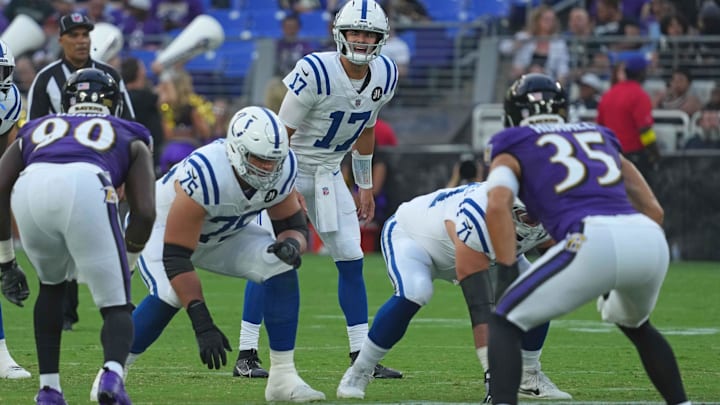 Aug 7, 2025; Baltimore, Maryland, USA; Indianapolis Colts quarterback Daniel Jones (17) runs the offense during the first quarter against the Baltimore Ravens at M&T Bank Stadium. Mandatory Credit: Mitch Stringer-Imagn Images