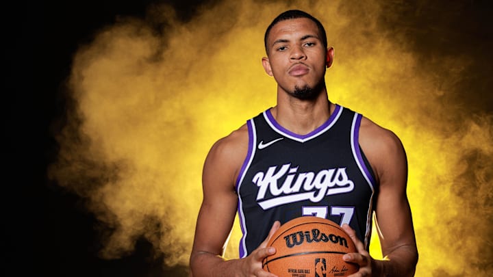 Sep 30, 2024; Sacramento, CA, USA; Sacramento Kings center Orlando Robinson (77) during media day at Golden 1 Center. Mandatory Credit: Sergio Estrada-Imagn Images Sep 30, 2024; Sacramento, CA, USA; Sacramento Kings center Orlando Robinson (77) during media day at Golden 1 Center. Mandatory Credit: Sergio Estrada-Imagn Images