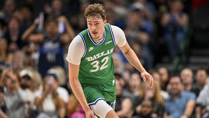 Mar 21, 2026; Dallas, Texas, USA; Dallas Mavericks forward Cooper Flagg (32) runs up court during the second quarter at the American Airlines Center.