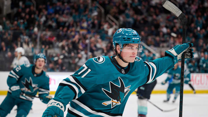 Nov 29, 2024; San Jose, California, USA; San Jose Sharks center Macklin Celebrini (71) reacts after scoring a goal against the Seattle Kraken during the second period at SAP Center at San Jose. Mandatory Credit: Robert Edwards-Imagn Images Nov 29, 2024; San Jose, California, USA; San Jose Sharks center Macklin Celebrini (71) reacts after scoring a goal against the Seattle Kraken during the second period at SAP Center at San Jose. Mandatory Credit: Robert Edwards-Imagn Images