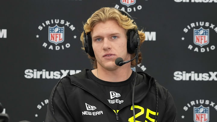 Feb 26, 2025; Indianapolis, IN, USA; UCLA linebacker Carson Schwesinger (LB25) during the 2025 NFL Scouting Combine at the Indiana Convention Center. Mandatory Credit: Kirby Lee-Imagn Images