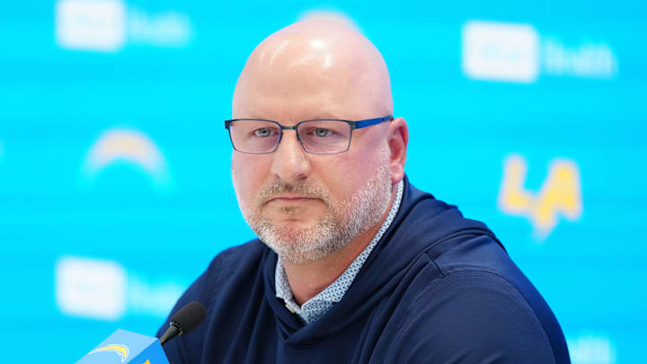 Apr 16, 2026; El Segundo, CA, USA; Los Angeles Chargers general manager Joe Hortiz speaks at press conference at The Bolt. Mandatory Credit: Kirby Lee-Imagn Images