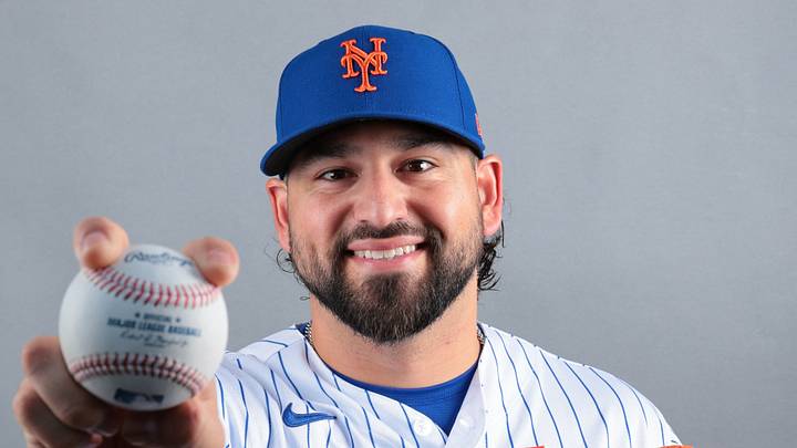 Feb 19, 2026; Port St. Lucie, FL, USA; New York Mets pitcher Alex Carrillo (84) poses for a photo during media day at Clover Park. Mandatory Credit: Sam Navarro-Imagn Images